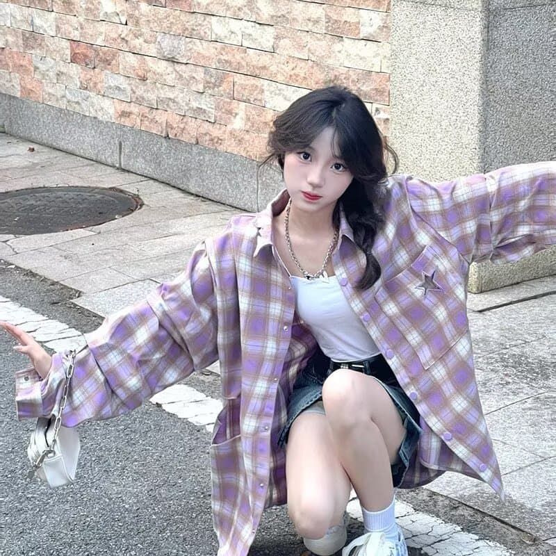 아메리칸 레트로 배색 체크무늬 긴팔 셔츠 남성과 여성 봄 여름 조수 브랜드 재킷 느긋한 커플 얇은 스타일 bf 셔츠 상세 이미지 1