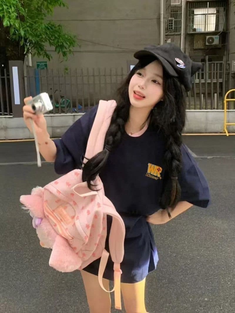 디자인 센스 자수 알파벳 맨위 남녀 여름 작은 대중 Chic 고유 한 커플 달콤한 자매 무거운 순면 반팔 티셔츠 상세 이미지 4