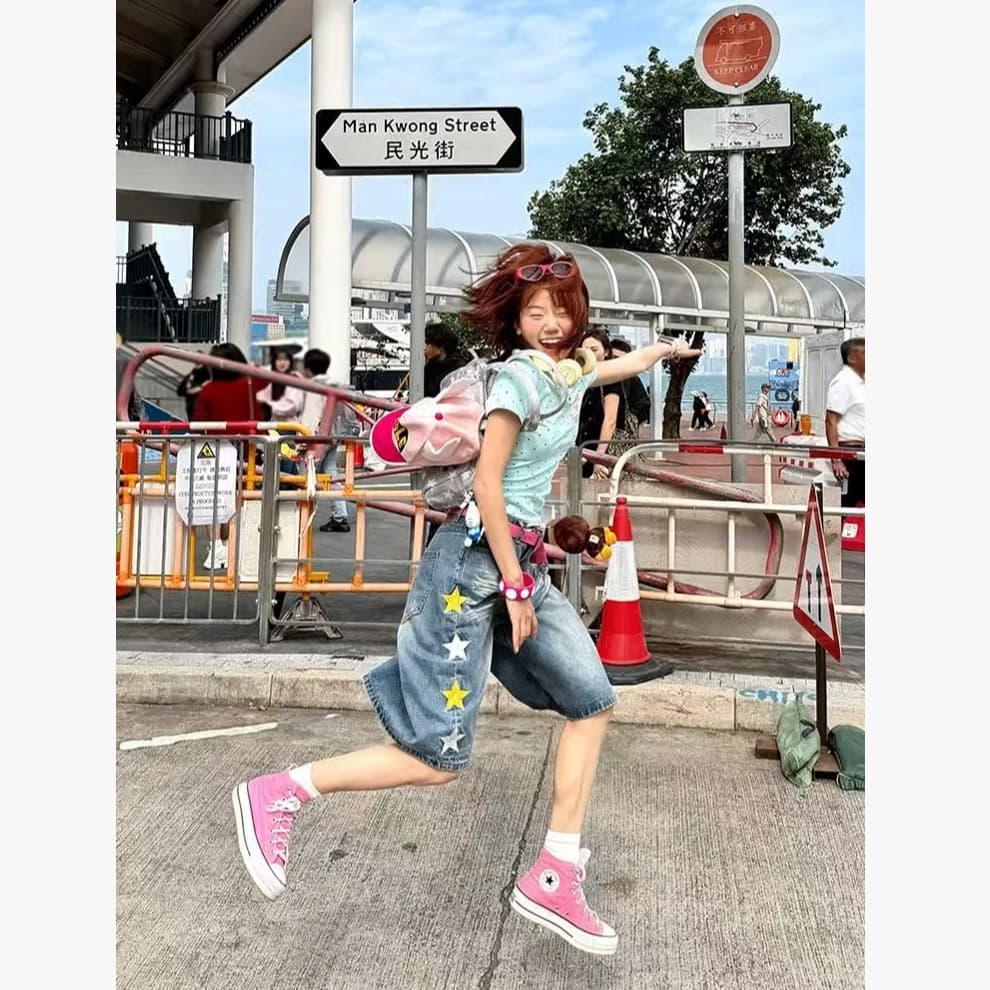 아메리칸 레트로 별 자수 데님 7부 바지 남녀 여름 조수 브랜드 루즈핏 다용도 캐주얼 넓은 다리가 짧다. 바지 이미지 4
