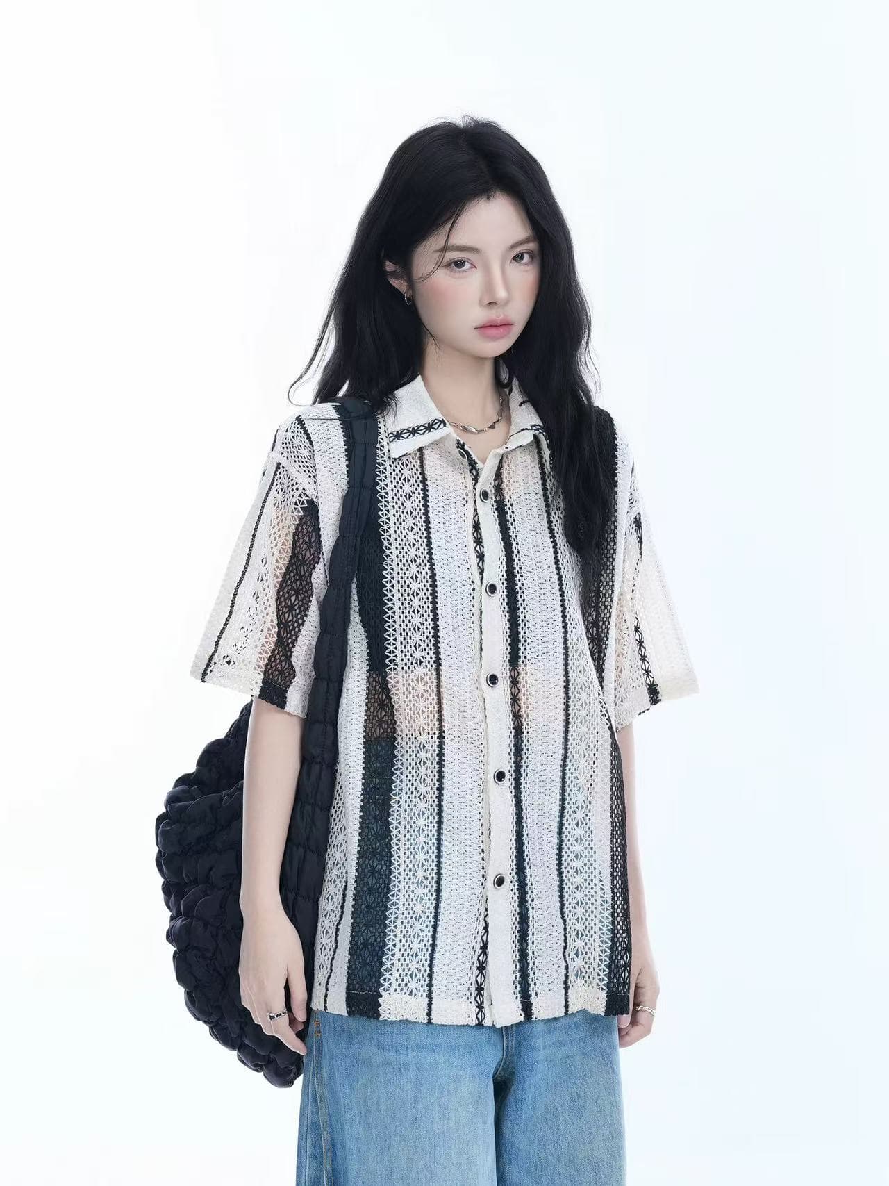 monster 아메리칸 섬 휴가 반팔 셔츠 커플 작은 대중 캐주얼 남녀 스트라이프 홀로우 아웃 ins 바람 셔츠 상세 이미지 3