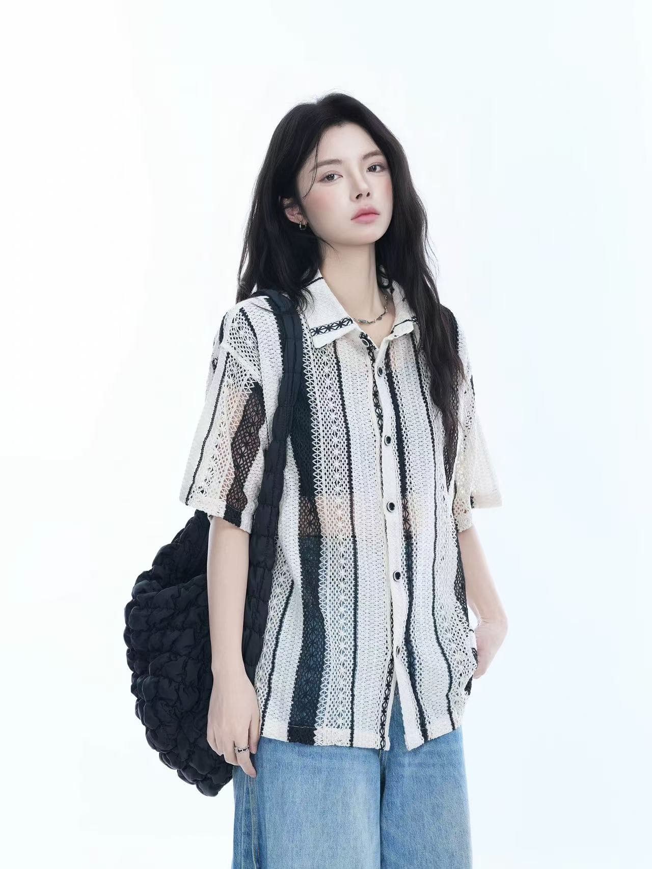 monster 아메리칸 섬 휴가 반팔 셔츠 커플 작은 대중 캐주얼 남녀 스트라이프 홀로우 아웃 ins 바람 셔츠 상세 이미지 7