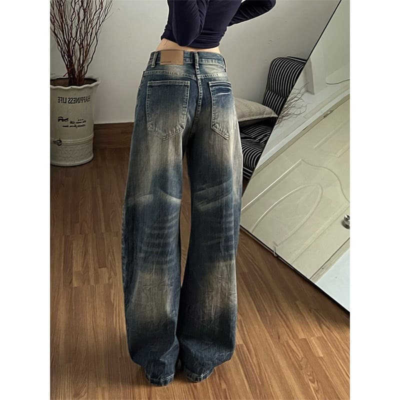 아메리칸 레트로 워싱 대나무 마디 곡물 모통이 칼 청바지 남녀 봄 가을 커플 디자인 센스 루즈핏 슬림해 보이는 와이드 레그 팬츠 이미지 5