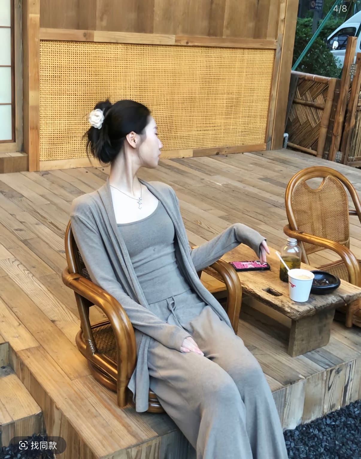높음 코튼 전갈 우유 커피 오픈 가디건 슬립 캐주얼 바지 세 조각 세트 이미지 3