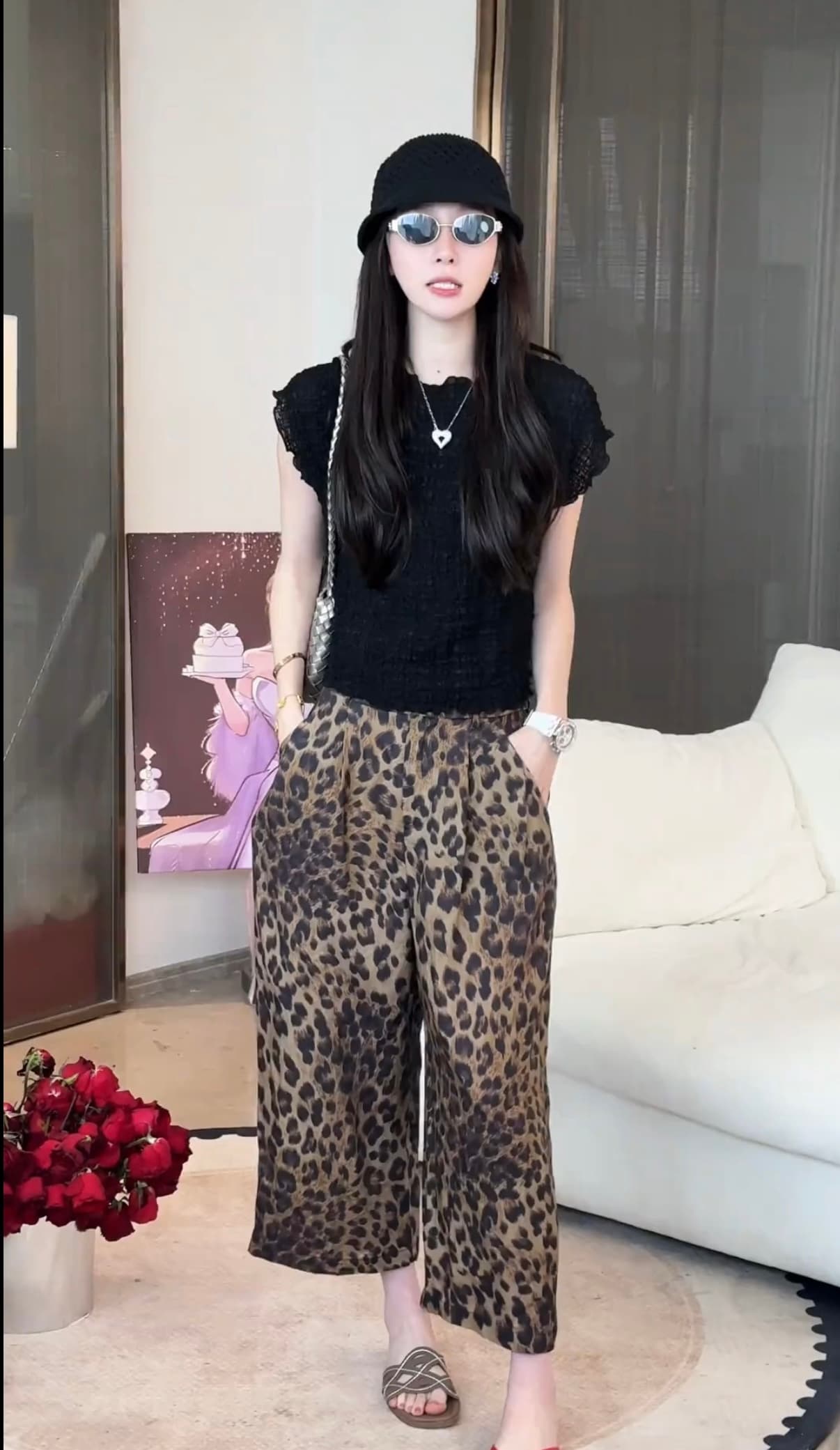 빛 럭셔리 와일드 조정 주간 실크 아마 패션 레오파드 무늬 디자인 하이웨이스트 여름 슬림해 보이는 표지 고기 8 점 바지 맨위 이미지 3