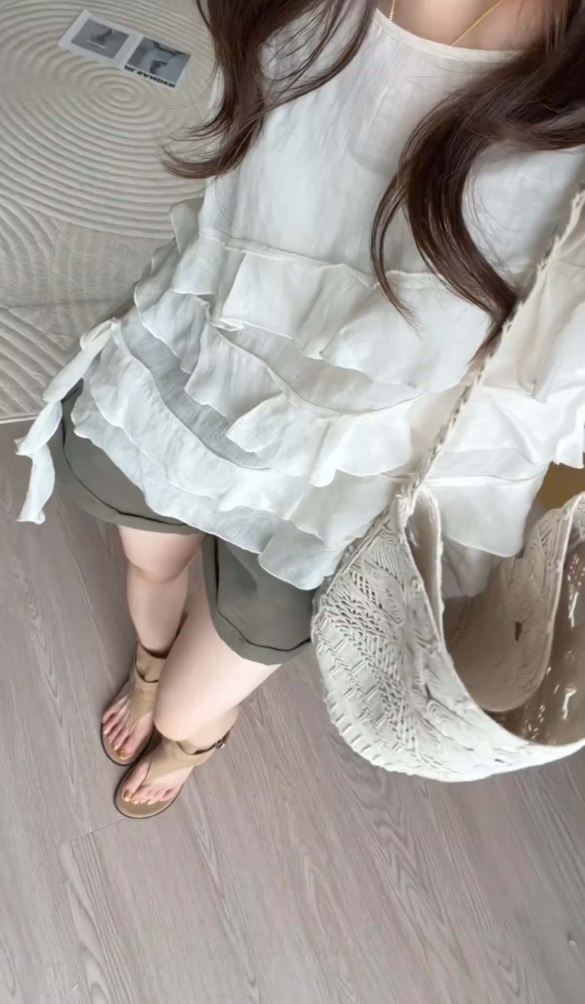 콩 추천 여름 프랑스식 프릴 리본 민소매 품격 작은 셔츠 루즈핏 패션 맨위 반바지 이미지 5