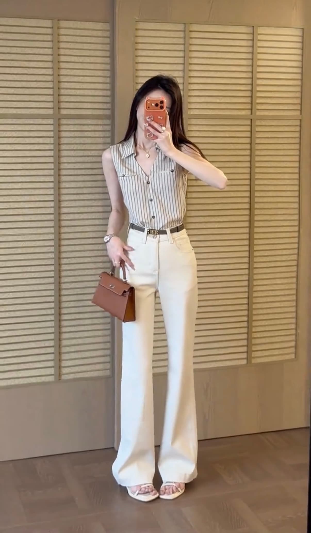 오래된 돈 바람 레트로 스트라이프 민소매 POLO 칼라 여성 셔츠 새로운 디자인 센스 슬림해 보이는 다용도 맨위 청바지 이미지 3