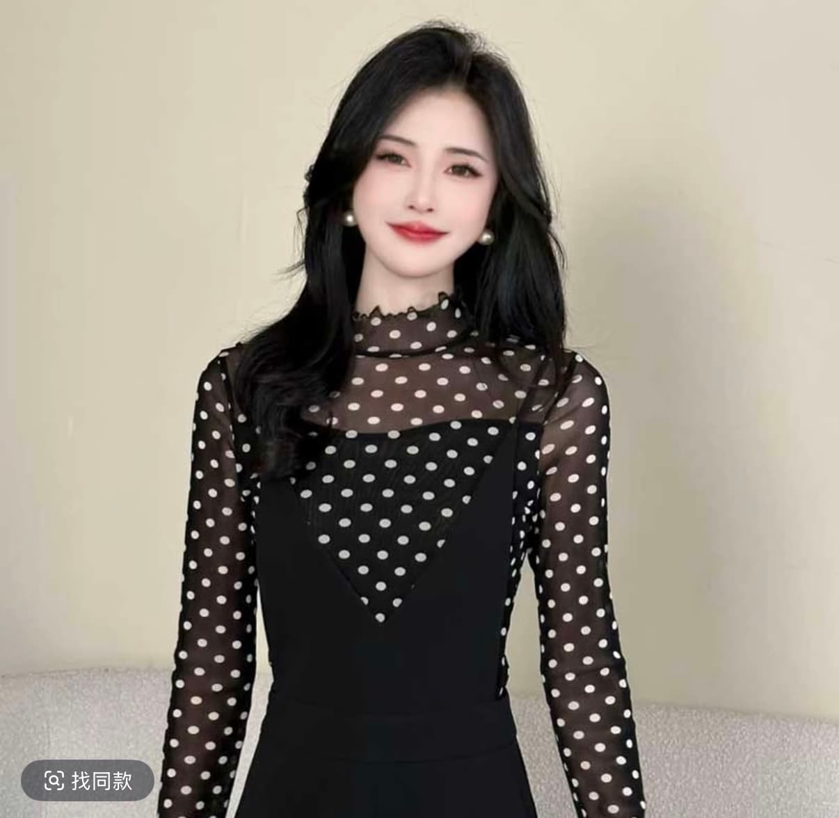 2026 봄 새로운 반하이넥 도트 무늬 긴팔 티셔츠 여성 다용도 슬림해 보이는 맨위 멜빵 바지 이미지 2