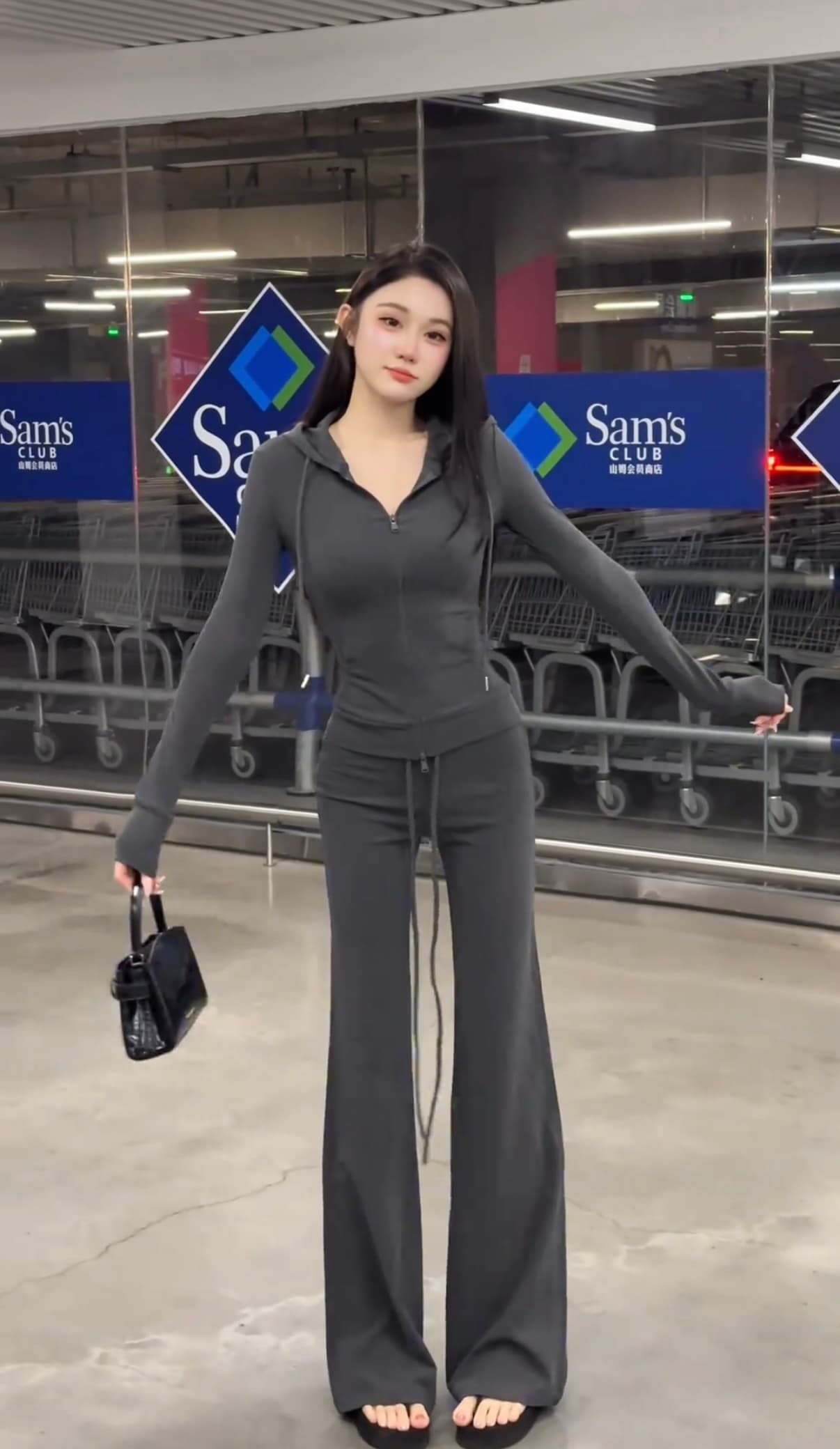 가을 리브 신축성 면 세트 주머니 후드 오픈 가디건 도루 센스 디스플레이 다리 길이 부츠컷 바지 이미지 3