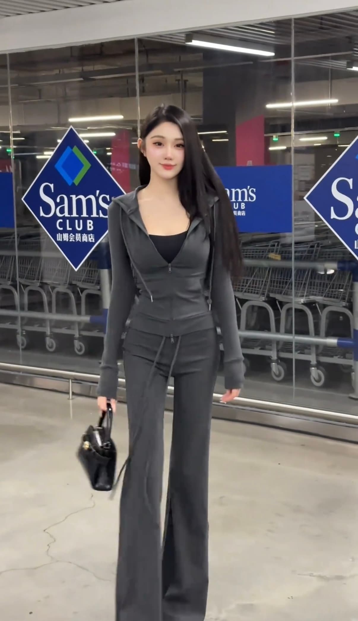 가을 리브 신축성 면 세트 주머니 후드 오픈 가디건 도루 센스 디스플레이 다리 길이 부츠컷 바지 이미지 4