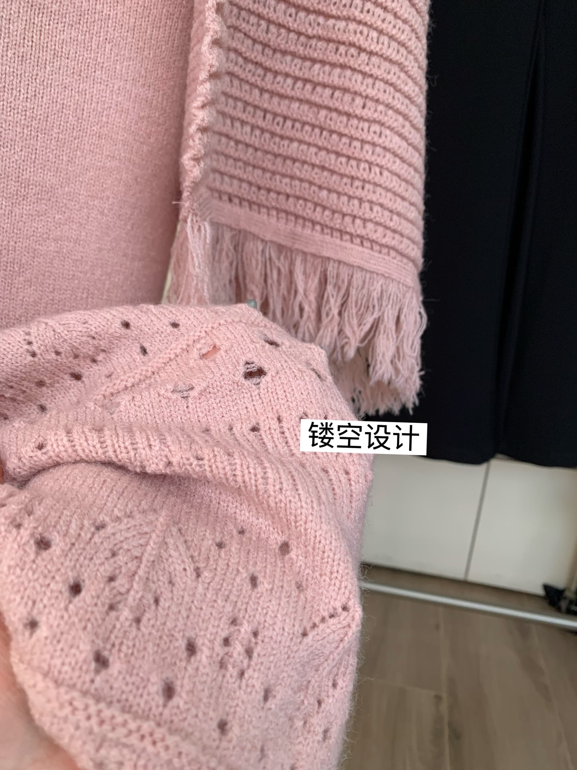 syeee last 휴식 기호 핑크색 자수 홀로우 아웃 숄 니트 치마 세트 여성 부드러운 디스플레이 화이트 전체 집합 상세 이미지 5