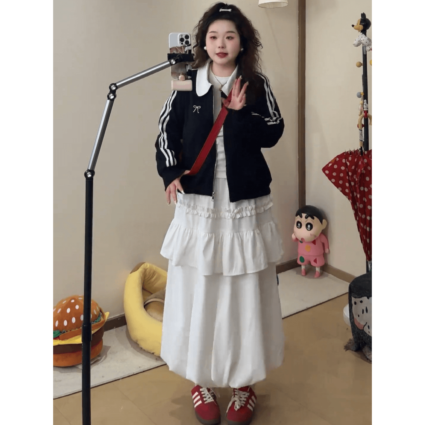 큰 접시 작은 지방 맞춤 빅 사이즈 봄 긴팔 긍정적 인 어깨 배색 재킷 꽃밭 반신 스커트 투피스 슈트 이미지 6