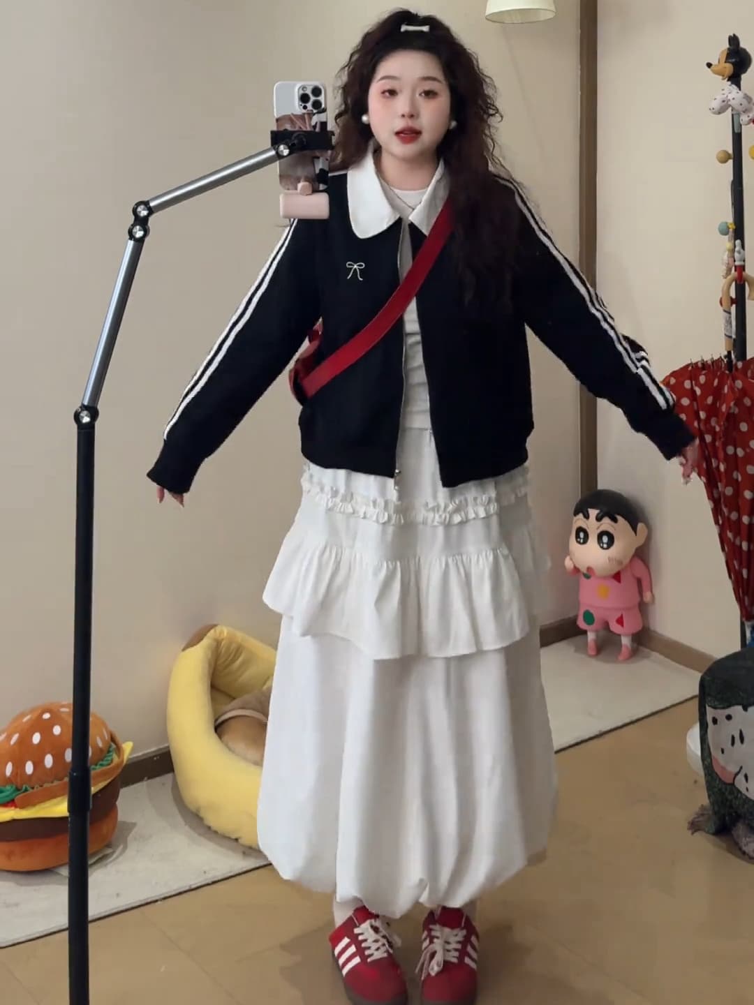 큰 접시 작은 지방 맞춤 빅 사이즈 봄 긴팔 긍정적 인 어깨 배색 재킷 꽃밭 반신 스커트 투피스 슈트 상세 이미지 2