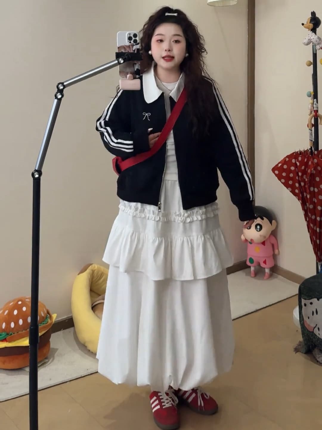 큰 접시 작은 지방 맞춤 빅 사이즈 봄 긴팔 긍정적 인 어깨 배색 재킷 꽃밭 반신 스커트 투피스 슈트 상세 이미지 3