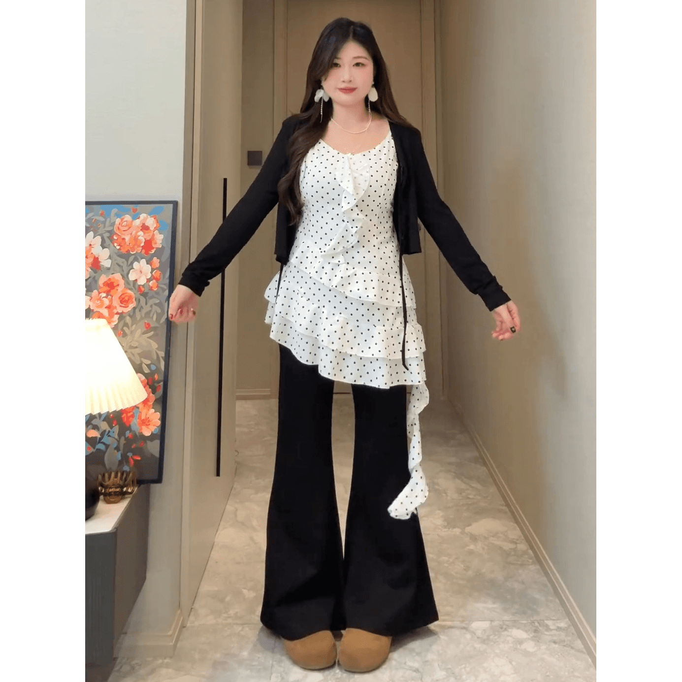 빅 사이즈 마이크로 지방 mm 한 부서 레트로 도트 무늬 불규칙 프릴 슬립 점프 슈트 치마 검정색 오픈 가디건 세트 이미지 6