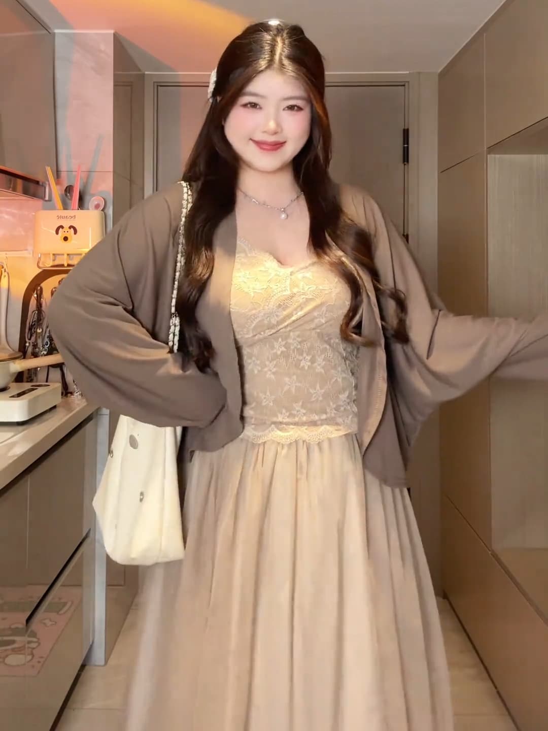 빅 사이즈 한 부서 오픈 가디건 슬립 반신 스커트 3종 세트 상세 이미지 3