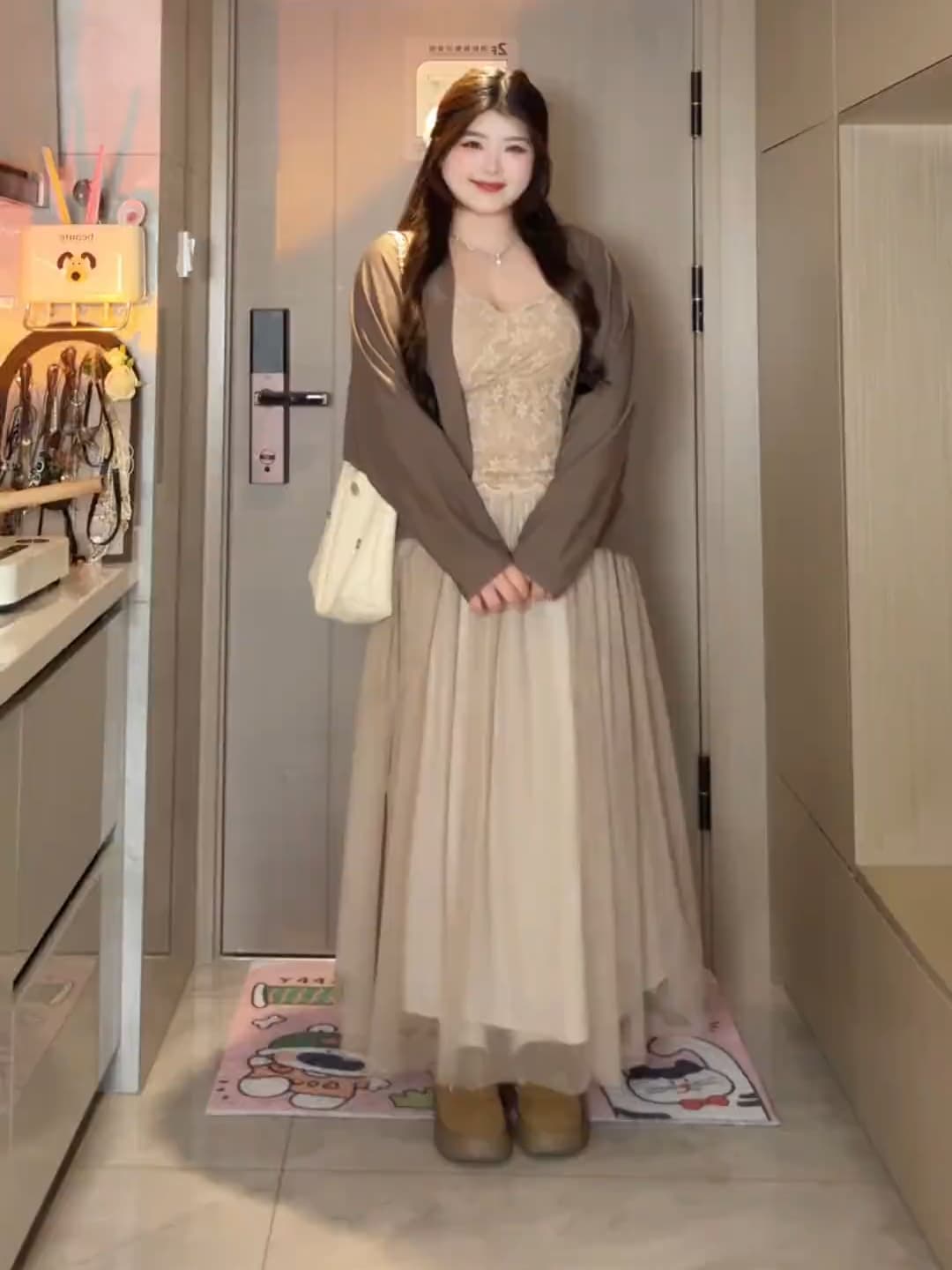 빅 사이즈 한 부서 오픈 가디건 슬립 반신 스커트 3종 세트 상세 이미지 5