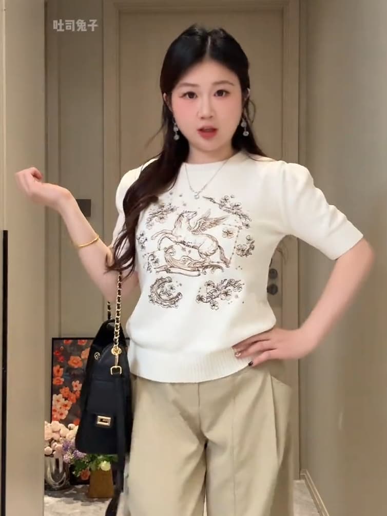 빅 사이즈 지방 mm 무거운 작업 자수 작은 말 패턴 니트 반팔 티셔츠 여성 봄 여름 순수한 욕망 바람 슬림해 보이는 긍정적 인 어깨 의류 상세 이미지 5