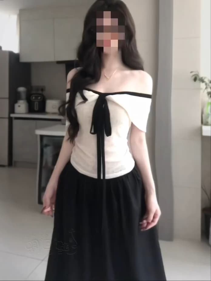 빅 사이즈 프랑스식 오프숄더 둘 바늘 짠 셔츠 레이스업 맨위 검정색 하이웨이스트 반신 스커트 표지 넓적 다리 그는 벤 바람 우산 치마 상세 이미지 1