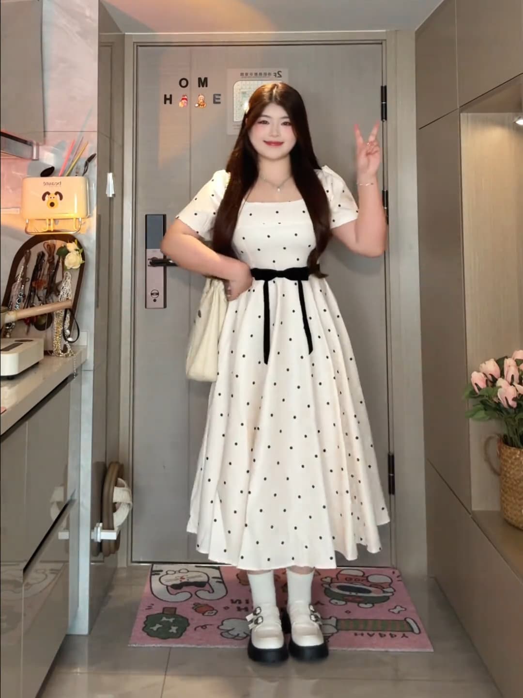 빅 사이즈 여성 의류 천 골드 마이크로 지방 프랑스식 천 골드 품격 도트 무늬 광장 칼라 긍정적 인 어깨 허리 수축 슬림해 보이는 드레스 롱 스커트 이미지 3