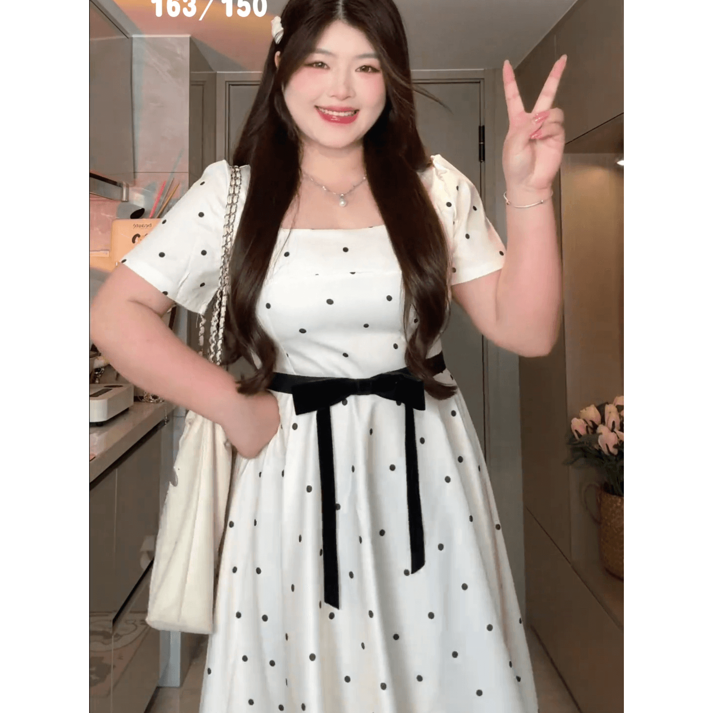 빅 사이즈 여성 의류 천 골드 마이크로 지방 프랑스식 천 골드 품격 도트 무늬 광장 칼라 긍정적 인 어깨 허리 수축 슬림해 보이는 드레스 롱 스커트 이미지 6