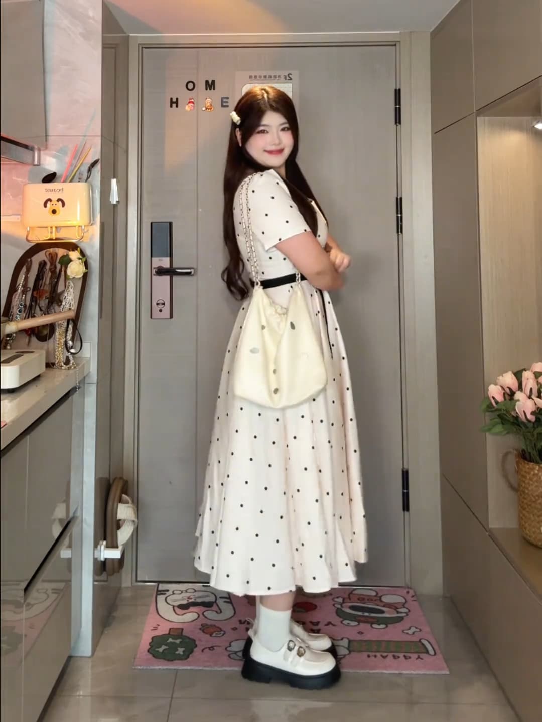 빅 사이즈 여성 의류 천 골드 마이크로 지방 프랑스식 천 골드 품격 도트 무늬 광장 칼라 긍정적 인 어깨 허리 수축 슬림해 보이는 드레스 롱 스커트 상세 이미지 3