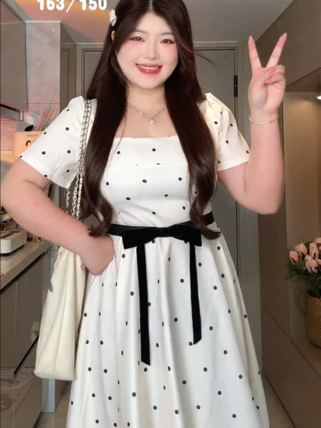 빅 사이즈 여성 의류 천 골드 마이크로 지방 프랑스식 천 골드 품격 도트 무늬 광장 칼라 긍정적 인 어깨 허리 수축 슬림해 보이는 드레스 롱 스커트 상세 이미지 5