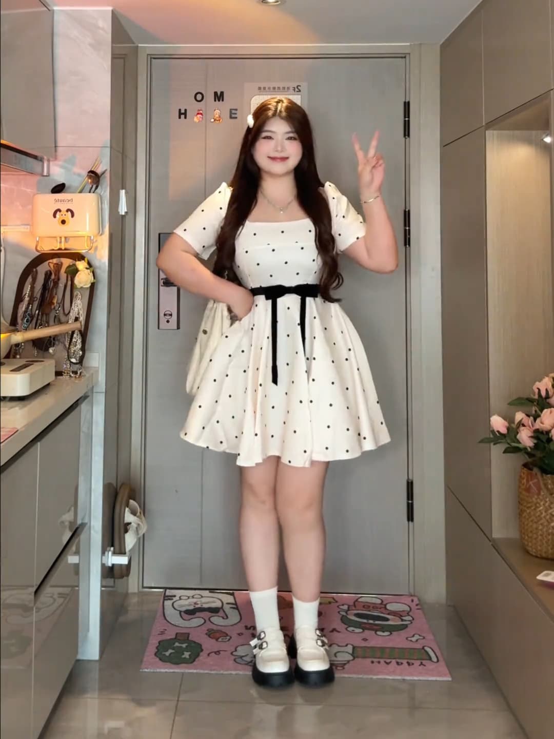 빅 사이즈 여성 의류 천 골드 마이크로 지방 프랑스식 천 골드 품격 도트 무늬 광장 칼라 긍정적 인 어깨 허리 수축 슬림해 보이는 드레스 롱 스커트 상세 이미지 6