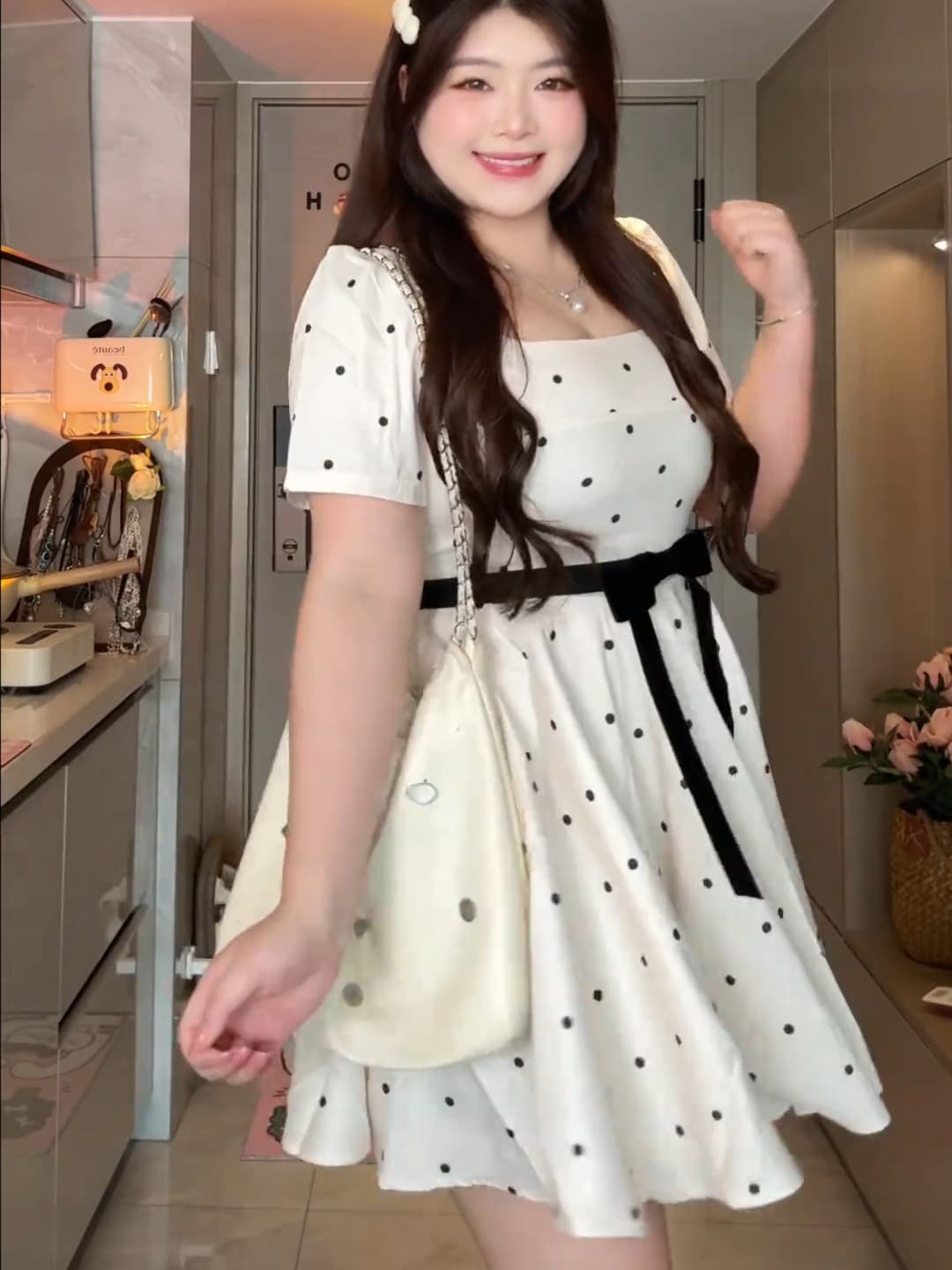 빅 사이즈 여성 의류 천 골드 마이크로 지방 프랑스식 천 골드 품격 도트 무늬 광장 칼라 긍정적 인 어깨 허리 수축 슬림해 보이는 드레스 롱 스커트 상세 이미지 8