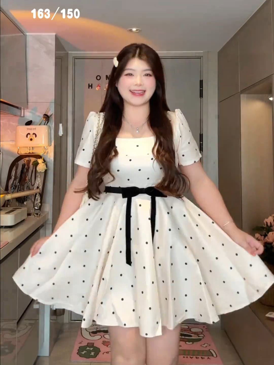 빅 사이즈 여성 의류 천 골드 마이크로 지방 프랑스식 천 골드 품격 도트 무늬 광장 칼라 긍정적 인 어깨 허리 수축 슬림해 보이는 드레스 롱 스커트 상세 이미지 10