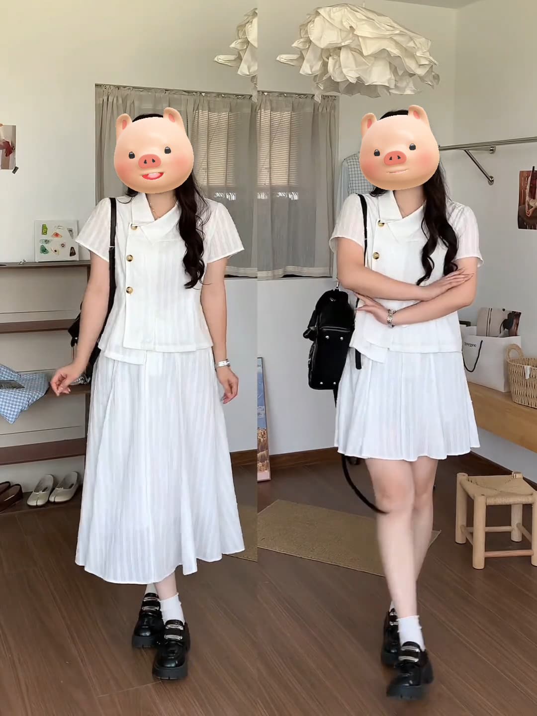 화이트 달 매너 마이크로 지방 빅 사이즈 한 부서 학원 스타일 폴로 칼라 자카드 셔츠 반신 스커트 투피스 슈트 이미지 3