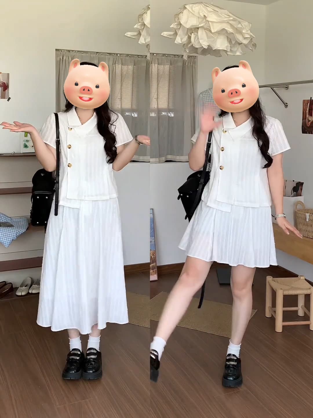 화이트 달 매너 마이크로 지방 빅 사이즈 한 부서 학원 스타일 폴로 칼라 자카드 셔츠 반신 스커트 투피스 슈트 이미지 4
