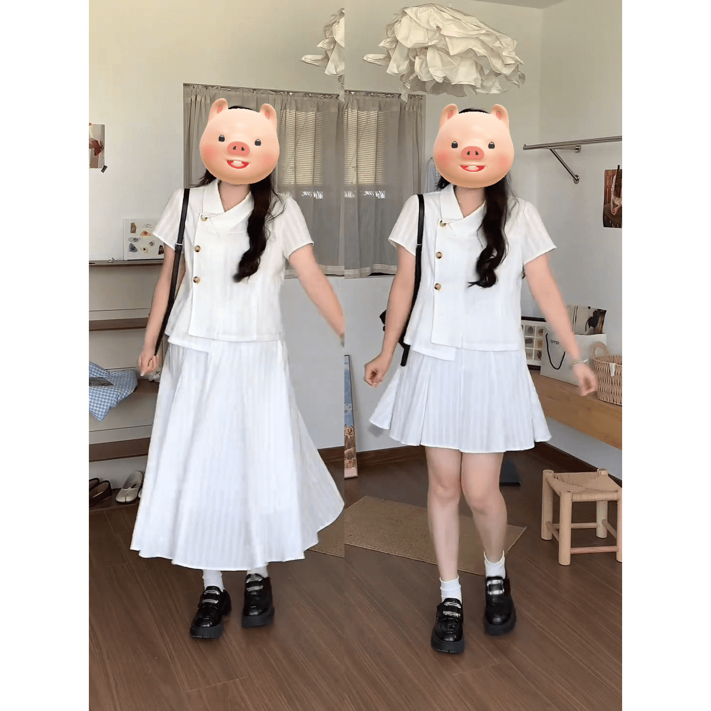 화이트 달 매너 마이크로 지방 빅 사이즈 한 부서 학원 스타일 폴로 칼라 자카드 셔츠 반신 스커트 투피스 슈트 이미지 6