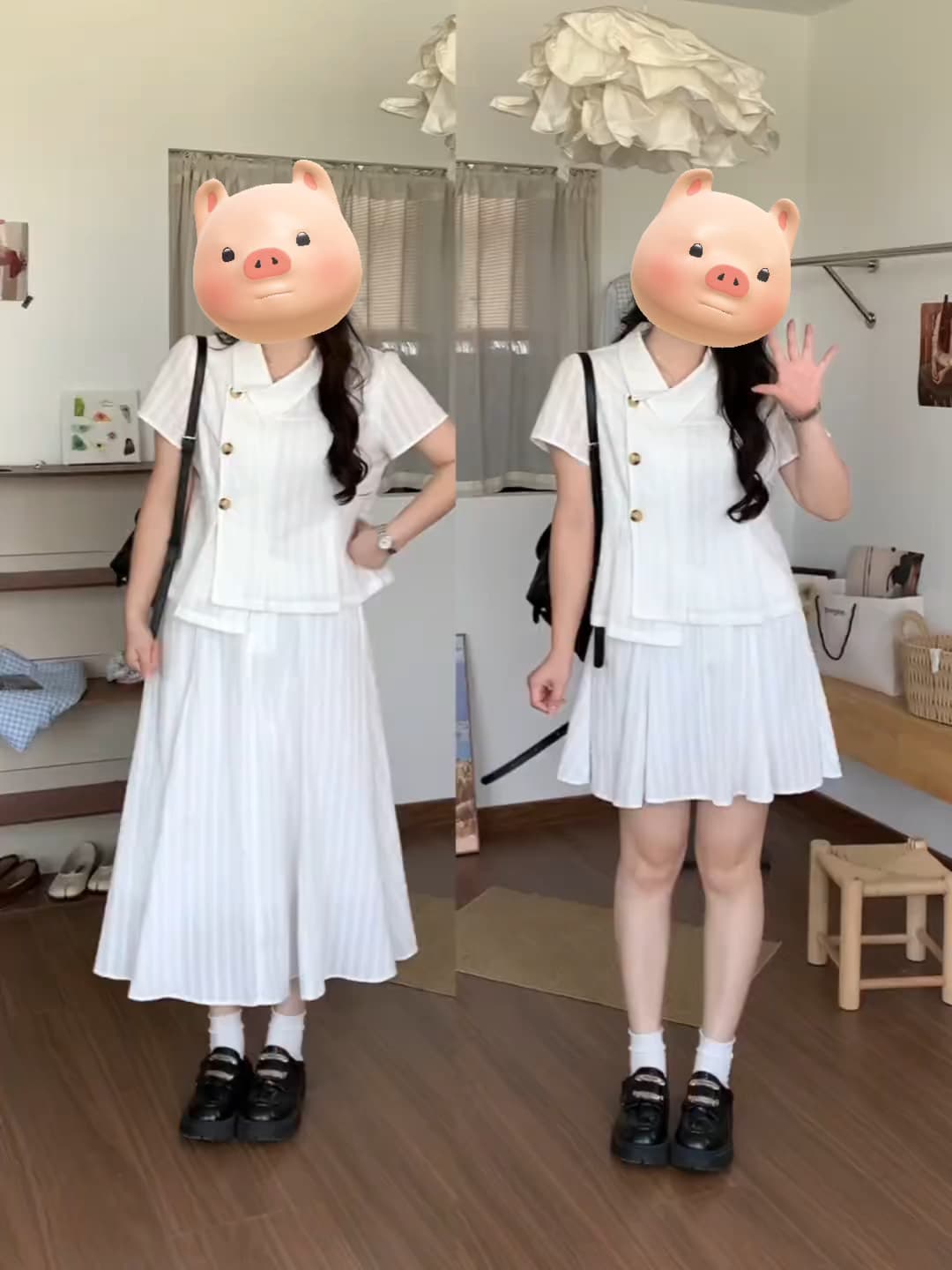 화이트 달 매너 마이크로 지방 빅 사이즈 한 부서 학원 스타일 폴로 칼라 자카드 셔츠 반신 스커트 투피스 슈트 상세 이미지 1