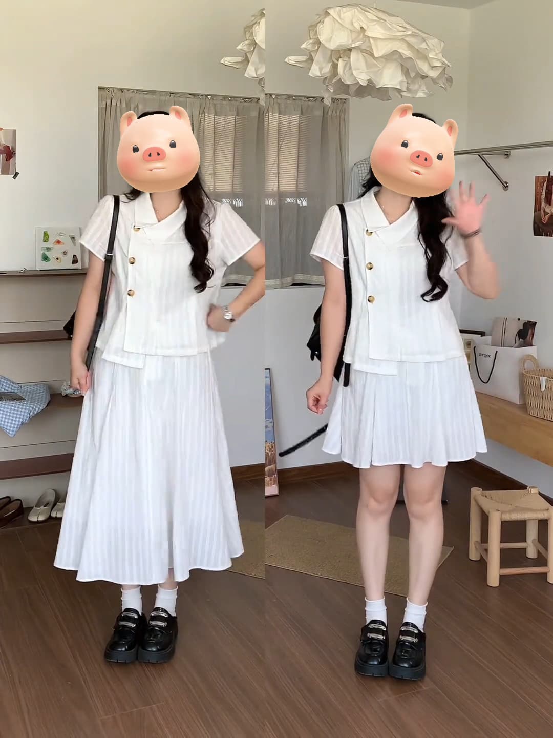화이트 달 매너 마이크로 지방 빅 사이즈 한 부서 학원 스타일 폴로 칼라 자카드 셔츠 반신 스커트 투피스 슈트 상세 이미지 4