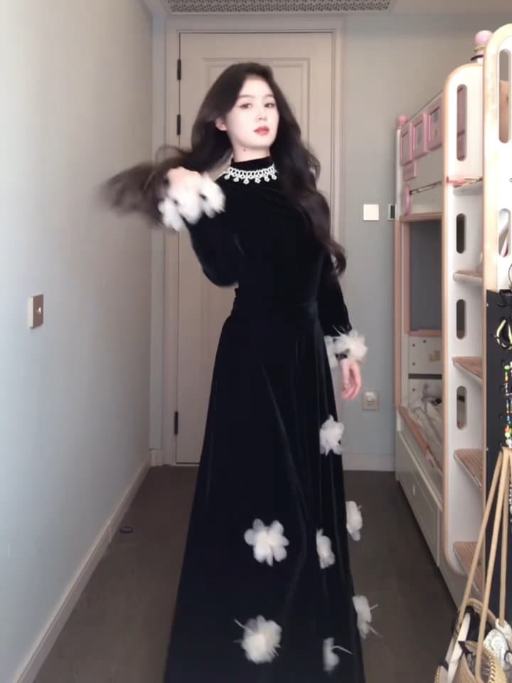 빅 사이즈 부유 한 가족 천 금빛 바람 검정색 벨벳 세트 드레스 여성 가을 겨울철 3 차원 꽃 고급 센스 품격 롱 스커트 상세 이미지 2