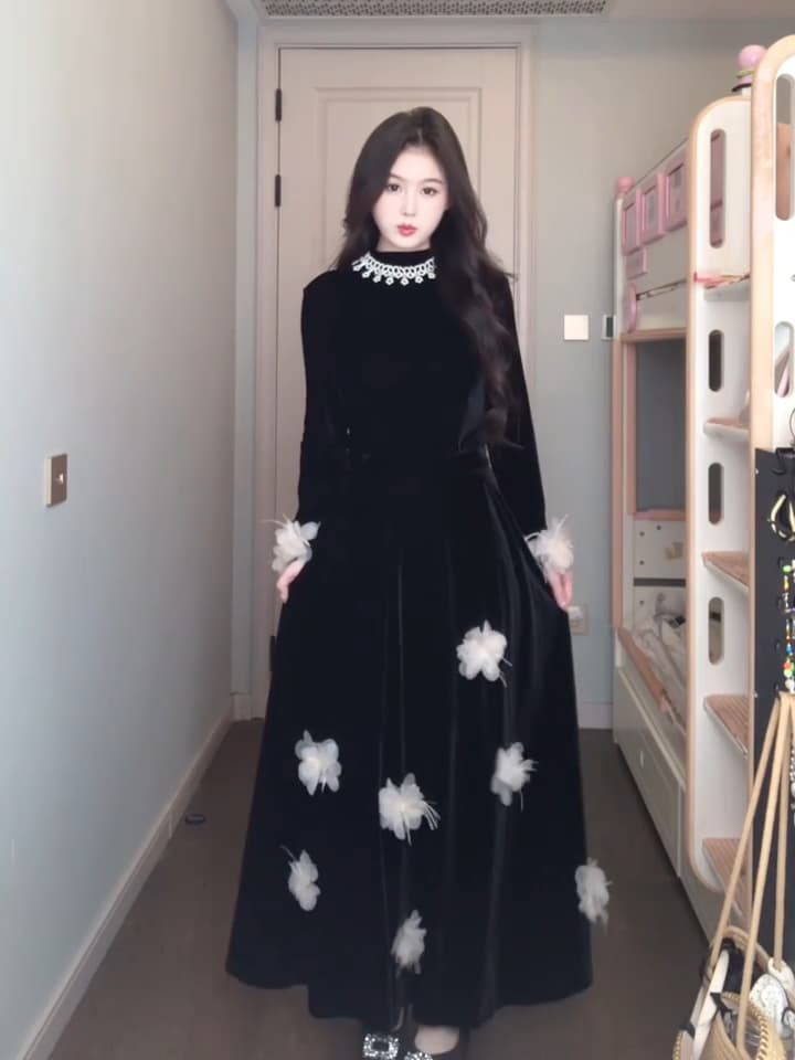 빅 사이즈 부유 한 가족 천 금빛 바람 검정색 벨벳 세트 드레스 여성 가을 겨울철 3 차원 꽃 고급 센스 품격 롱 스커트 상세 이미지 3