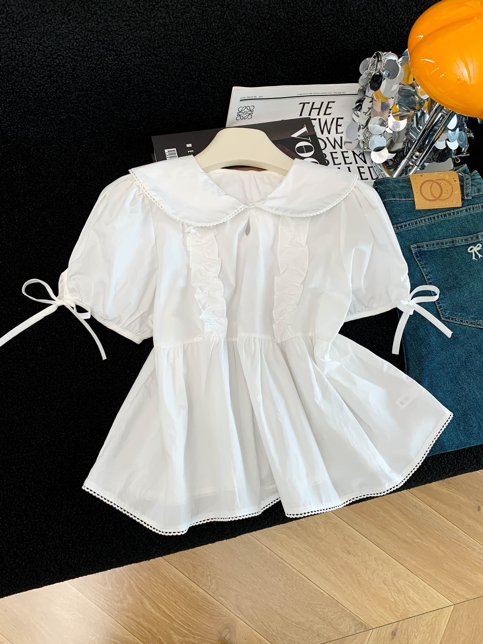 프랑스식 베이비 칼라 셔츠 슈퍼 좋은 차를 보다 인사이드 차 가스 Chic 달콤함 맨위 인형 셔츠 반팔 거품 소매 이미지 4