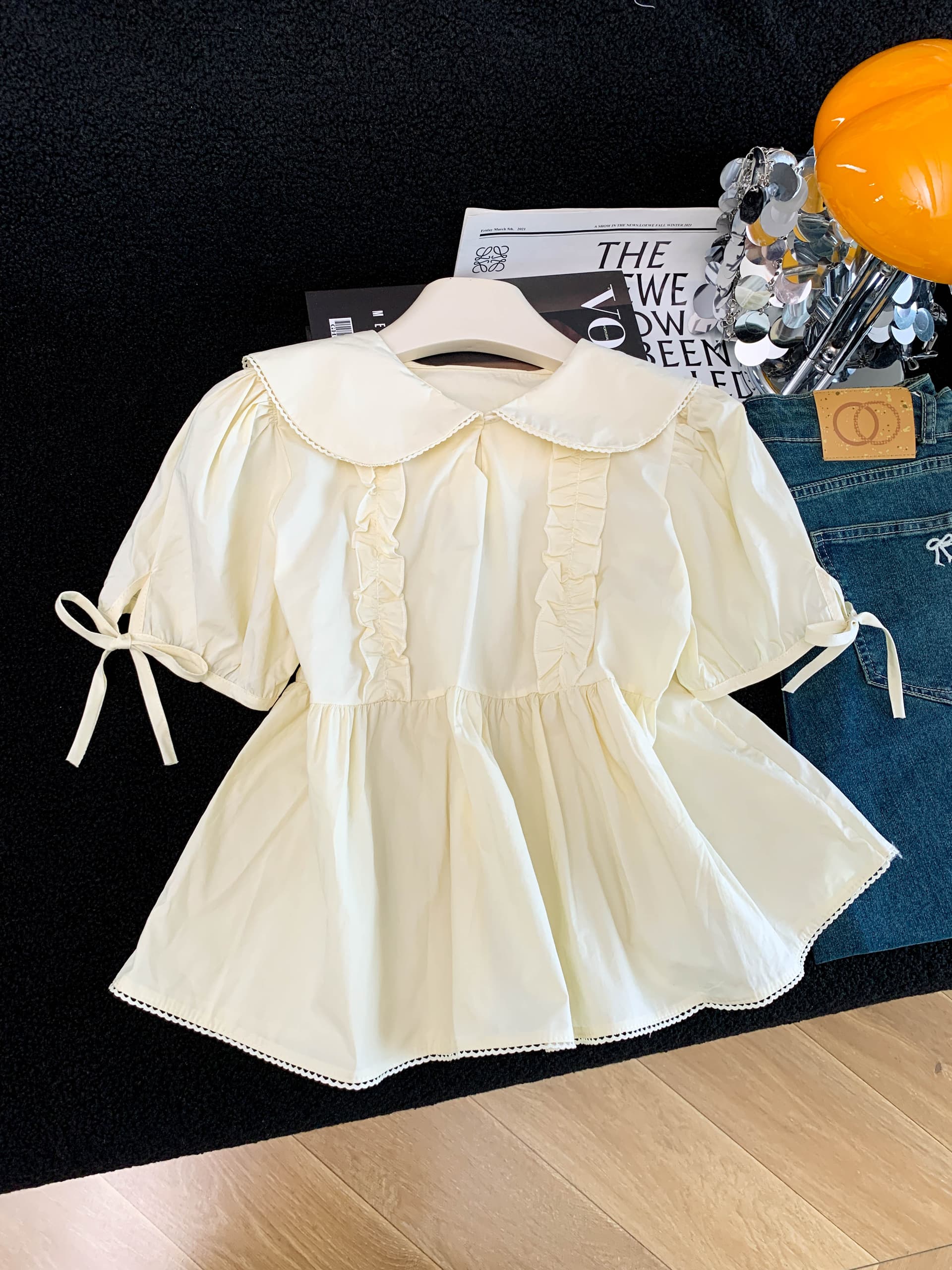 프랑스식 베이비 칼라 셔츠 슈퍼 좋은 차를 보다 인사이드 차 가스 Chic 달콤함 맨위 인형 셔츠 반팔 거품 소매 이미지 3