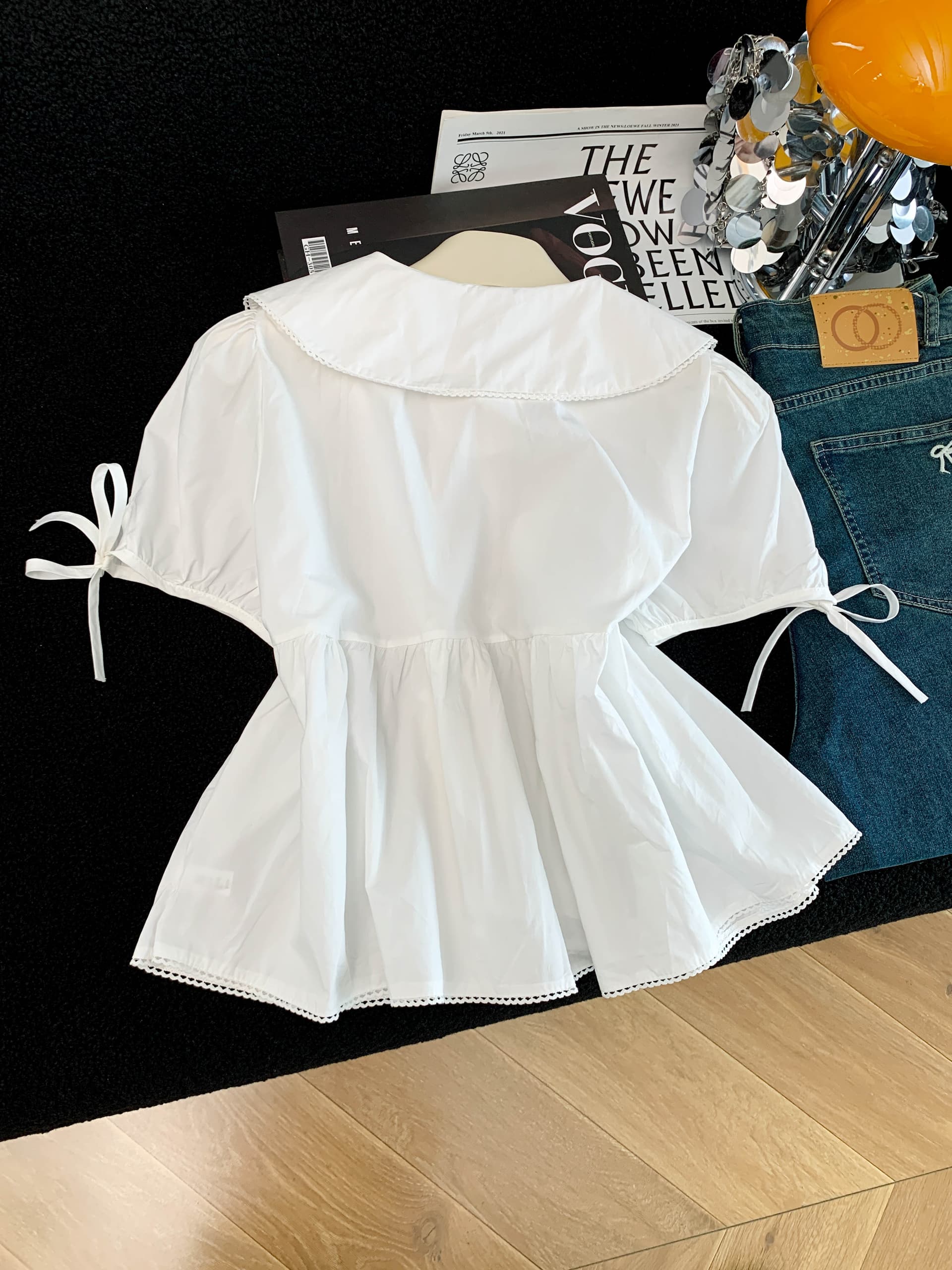 프랑스식 베이비 칼라 셔츠 슈퍼 좋은 차를 보다 인사이드 차 가스 Chic 달콤함 맨위 인형 셔츠 반팔 거품 소매 이미지 5