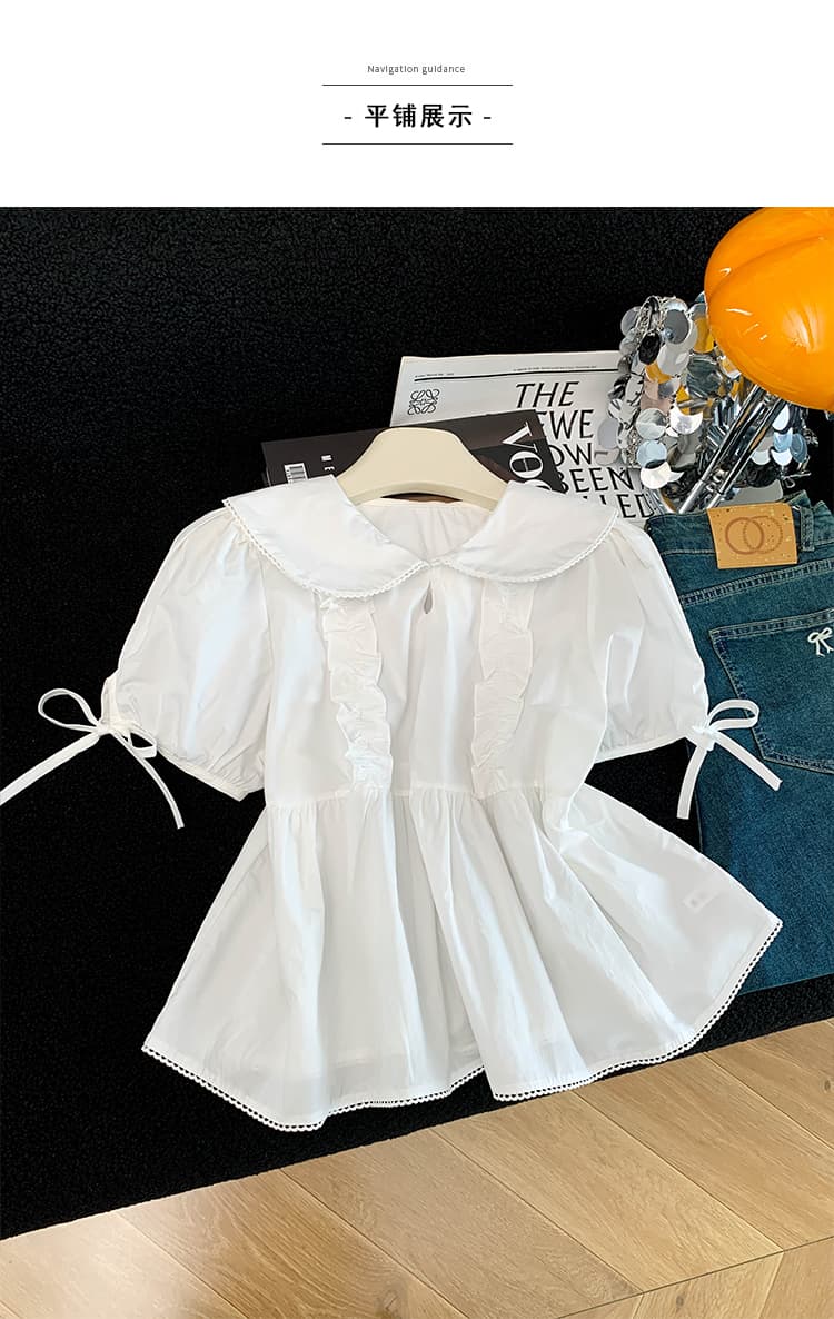 프랑스식 베이비 칼라 셔츠 슈퍼 좋은 차를 보다 인사이드 차 가스 Chic 달콤함 맨위 인형 셔츠 반팔 거품 소매 상세 이미지 7