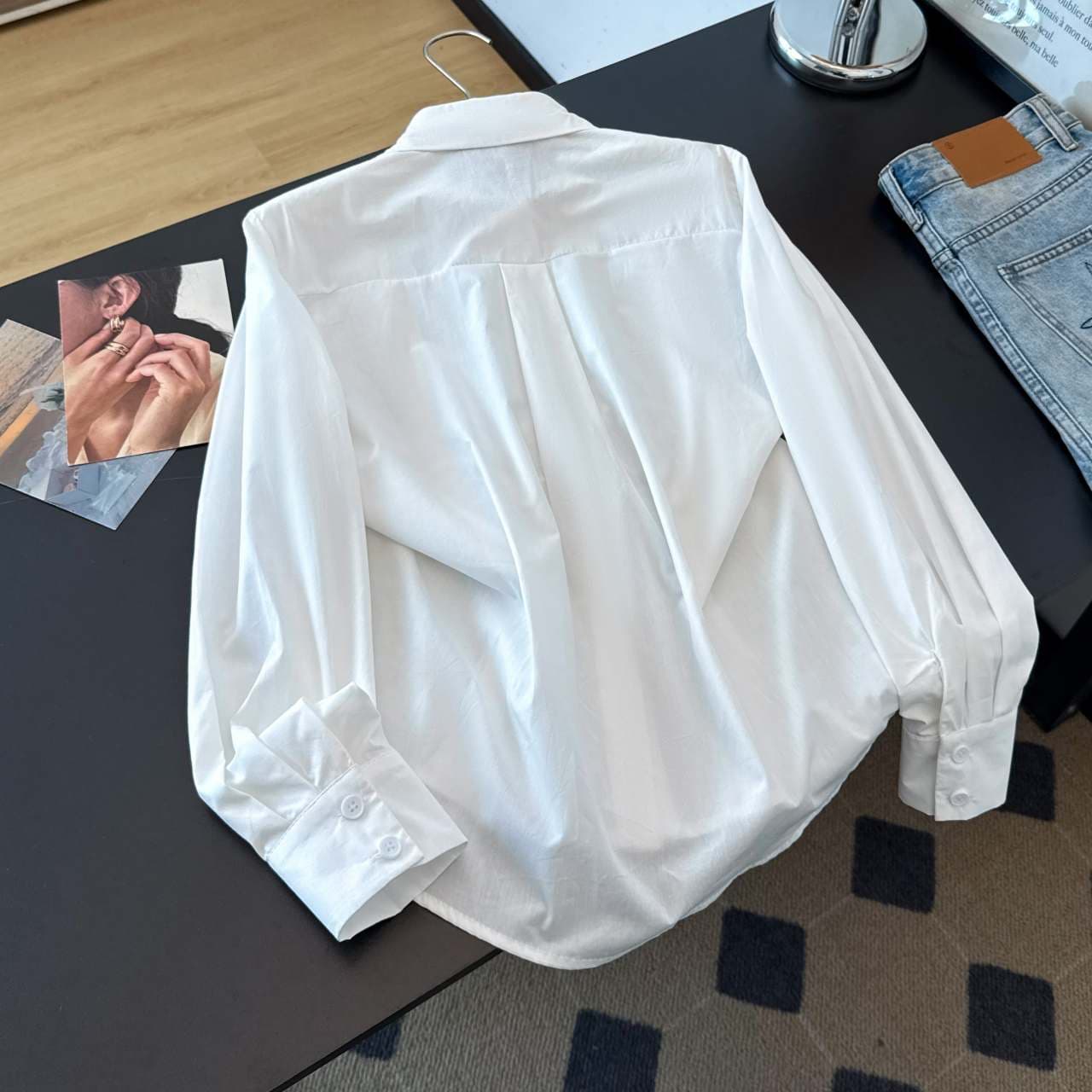한국 스타일 불규칙 펌프 Pleat POLO 칼라 긴팔 여성 셔츠 가을 얇은 스타일 디자인 센스 허리 수축 품격 재킷 맨위 이미지 4