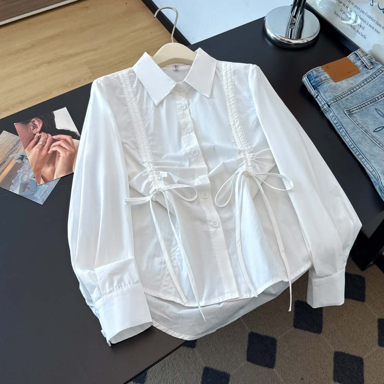 한국 스타일 불규칙 펌프 Pleat POLO 칼라 긴팔 여성 셔츠 가을 얇은 스타일 디자인 센스 허리 수축 품격 재킷 맨위 상세 이미지 1