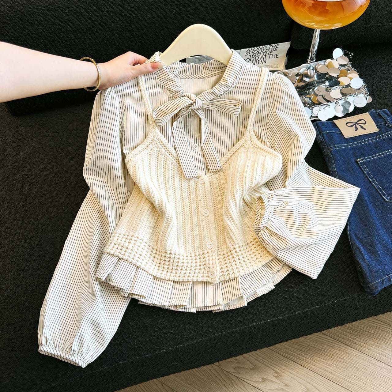 학원 스타일 달콤함 투피스 세트 니트 슬립 베스트 세로 줄무늬 여성 셔츠 가을 새로운 다용도 스택 착용 맨위 이미지 4