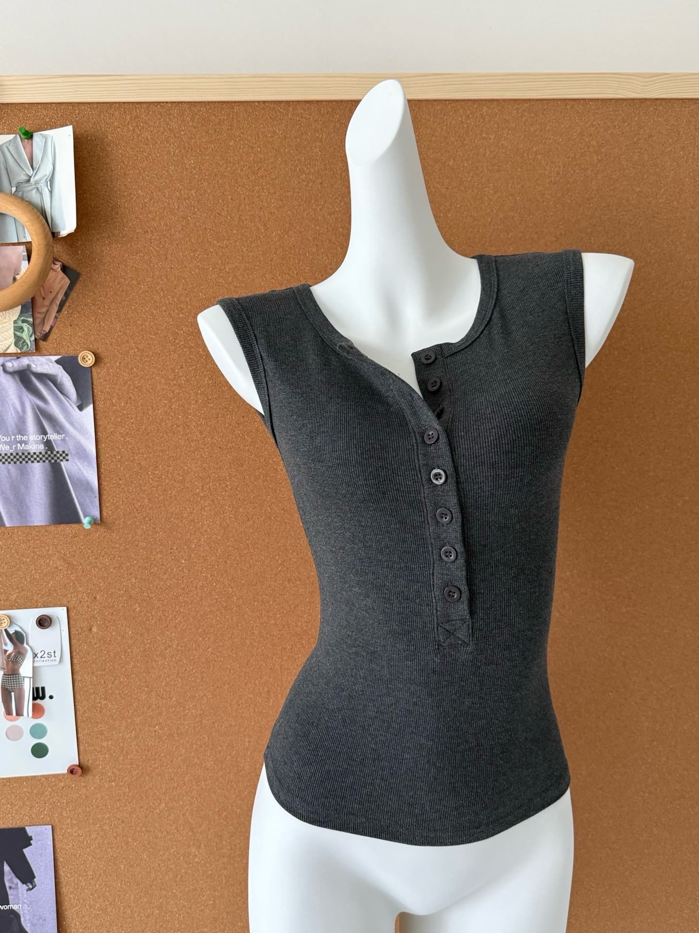 skk store 지연 남쪽 구멍 일기 분위기 여름 기타 버클 헨리 칼라 단어 조끼 맨위 민소매 작은 셔츠 상세 이미지 3
