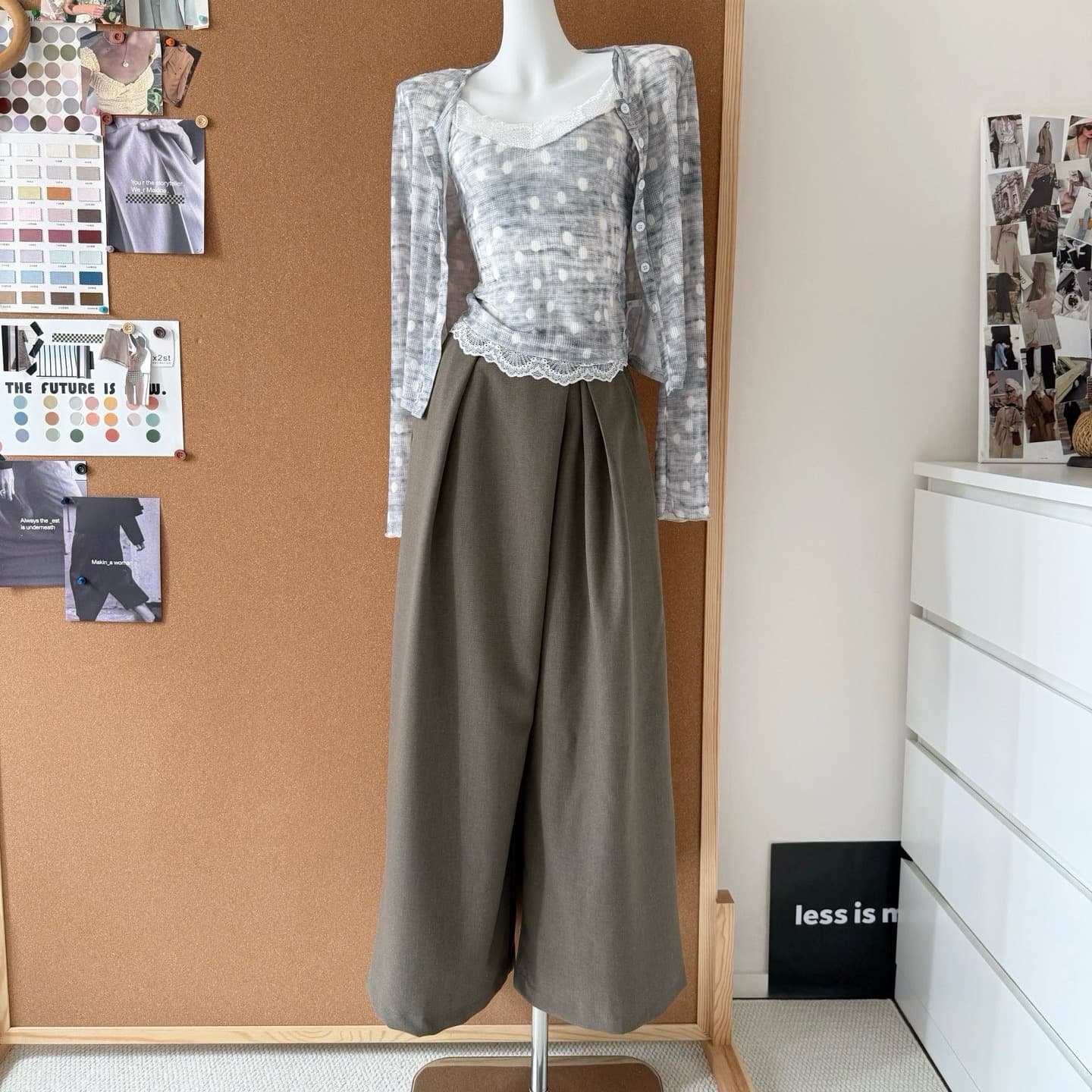비대칭 수공 Pleat 루즈핏 한국 스타일 캐주얼 표지 고기 허리밴드 디자인 센스 와이드 레그 팬츠 이미지 5