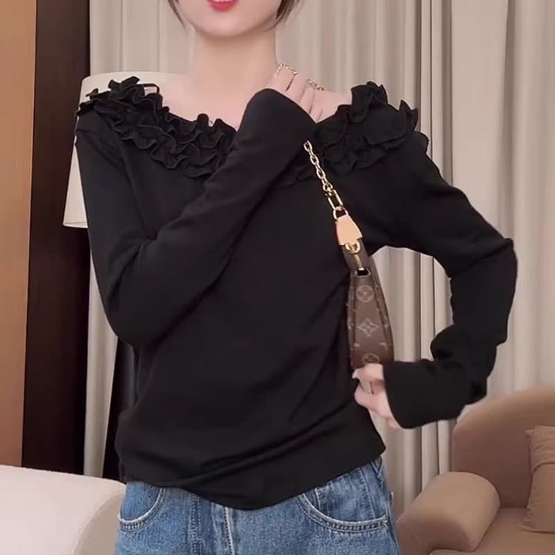 고급 센스 3 차원 프릴 오프숄더 2025 년 가을 새로운 빅 사이즈 패션 다용도 캐주얼 슬림해 보이는 맨위