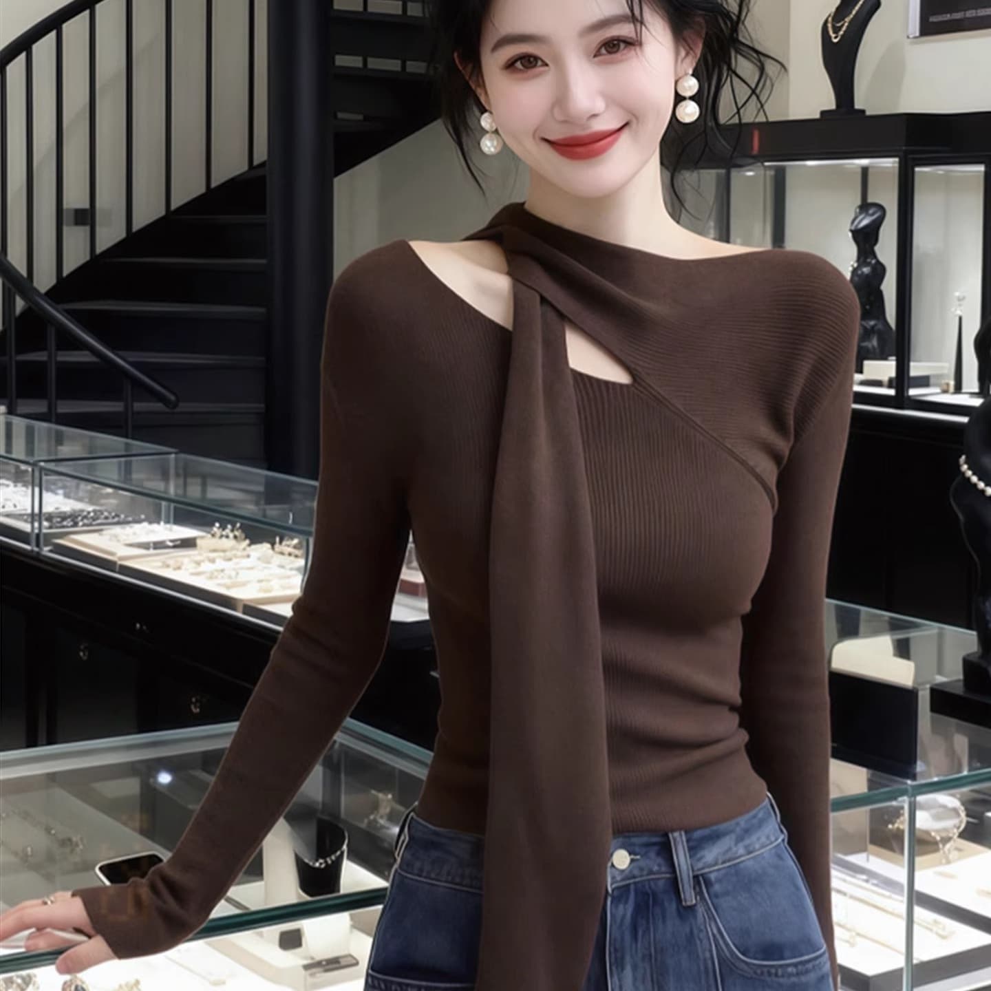 이른 가을 새로운 착용 가져 가라. 몸매 가꾸기 슬림해 보이는 긴팔 티셔츠 기본 셔츠 맨위 2026 년 가을 겨울 커피 색상 니트 여성 의류 이미지 5