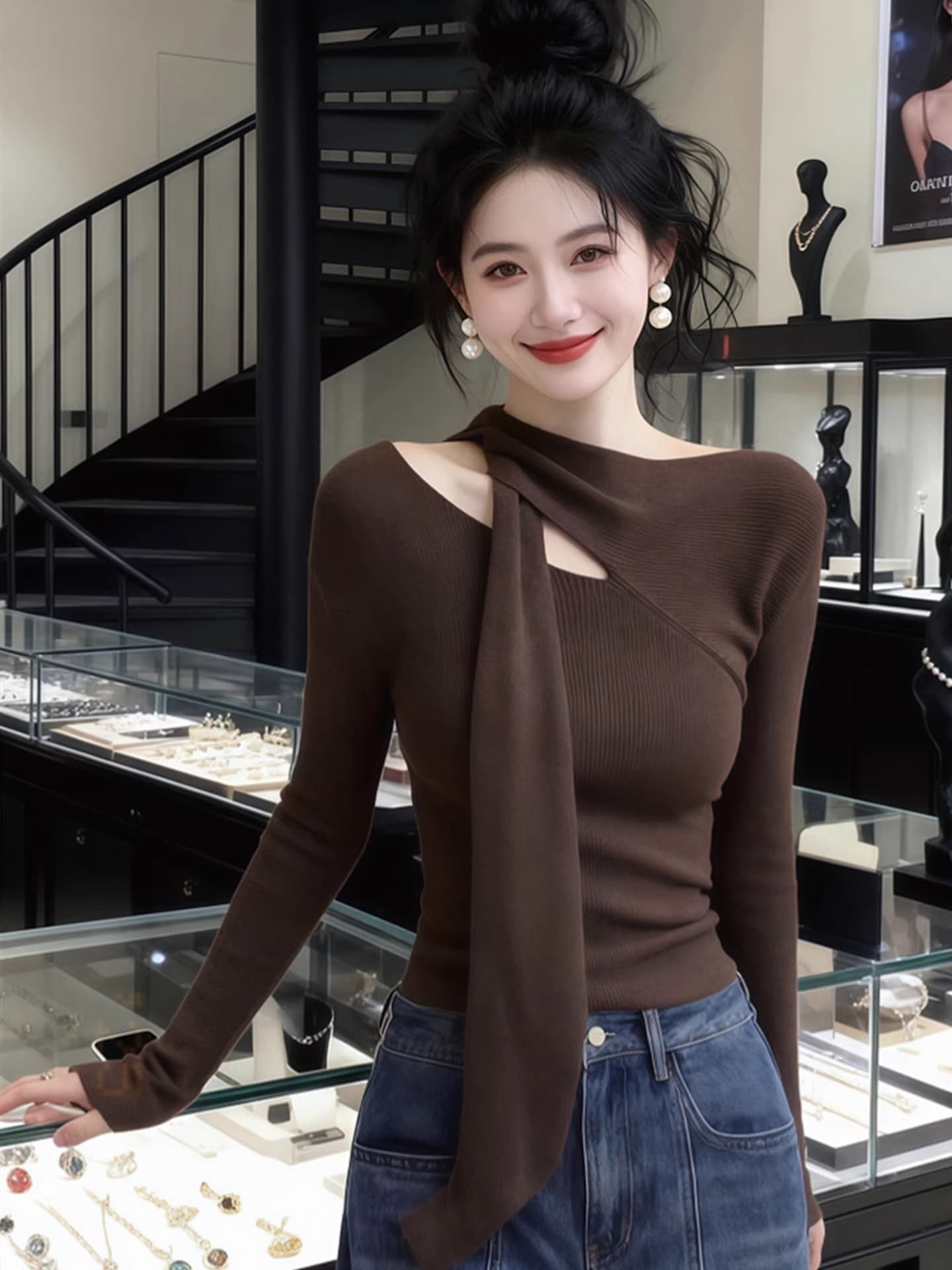 이른 가을 새로운 착용 가져 가라. 몸매 가꾸기 슬림해 보이는 긴팔 티셔츠 기본 셔츠 맨위 2026 년 가을 겨울 커피 색상 니트 여성 의류 상세 이미지 2