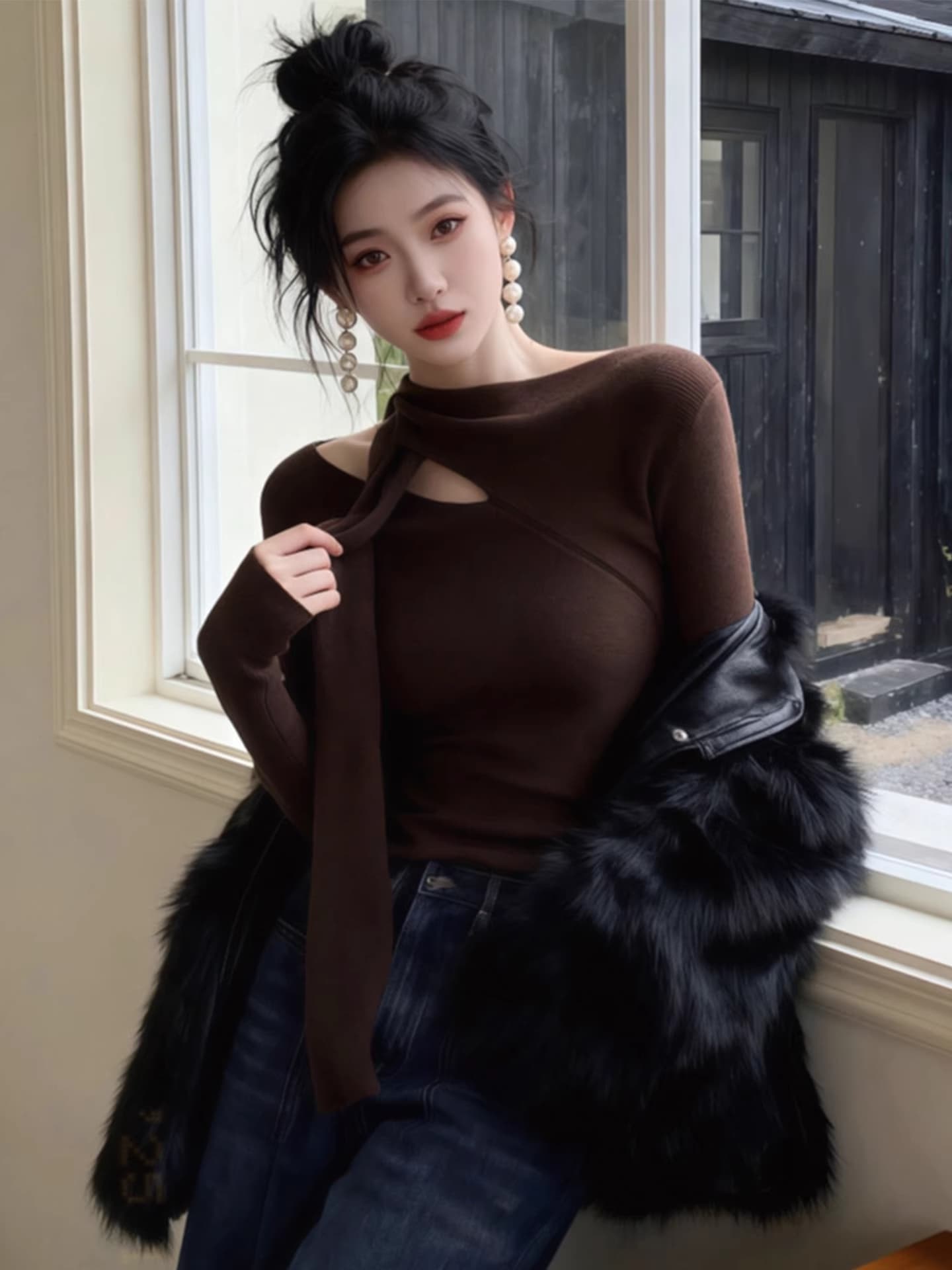 이른 가을 새로운 착용 가져 가라. 몸매 가꾸기 슬림해 보이는 긴팔 티셔츠 기본 셔츠 맨위 2026 년 가을 겨울 커피 색상 니트 여성 의류 상세 이미지 4