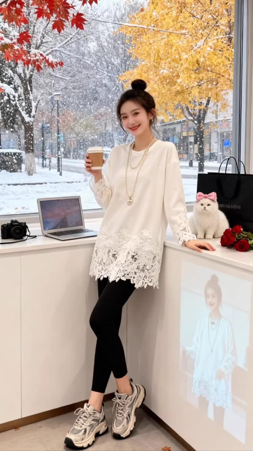 유럽 상품 2026 겨울 소녀 패션 고급 센스 품격 레이스 조각 긴팔 중간 길이 맨위 기본 셔츠 셔츠 트렌디 상세 이미지 5